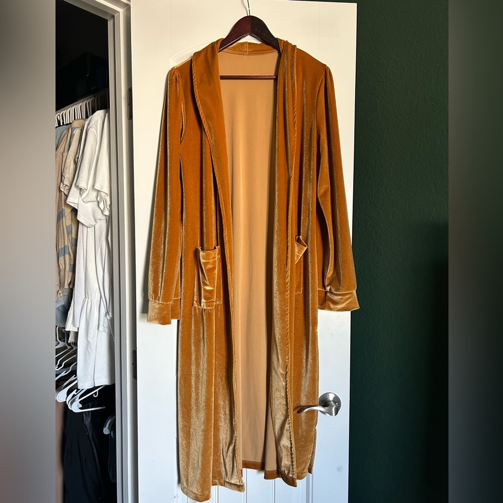 Women's Long Velvet Cardigan/Open Front Duster. Yellow. XL